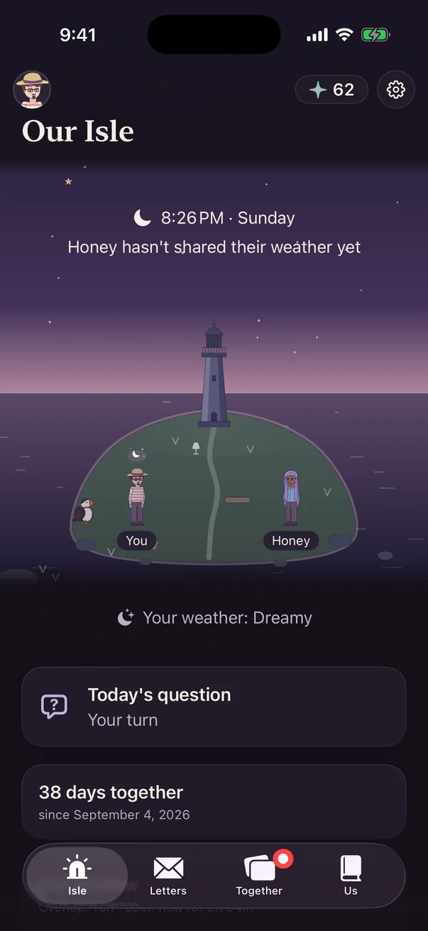 The Our Isle screen: two characters on a small island with a lighthouse under an evening sky.