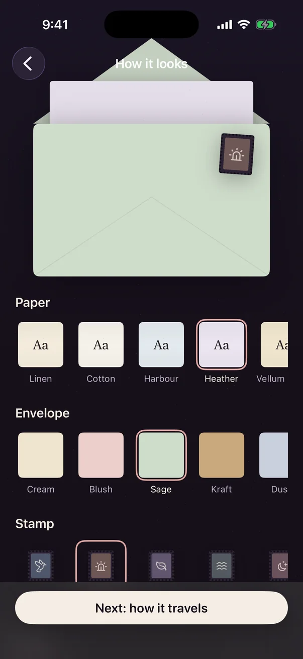 Choosing the paper, envelope and stamp for a letter.