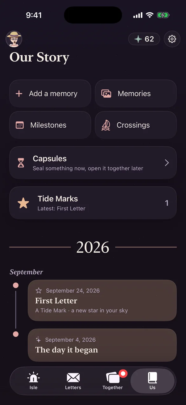 The Our Story screen, with memories, milestones, capsules and a timeline.