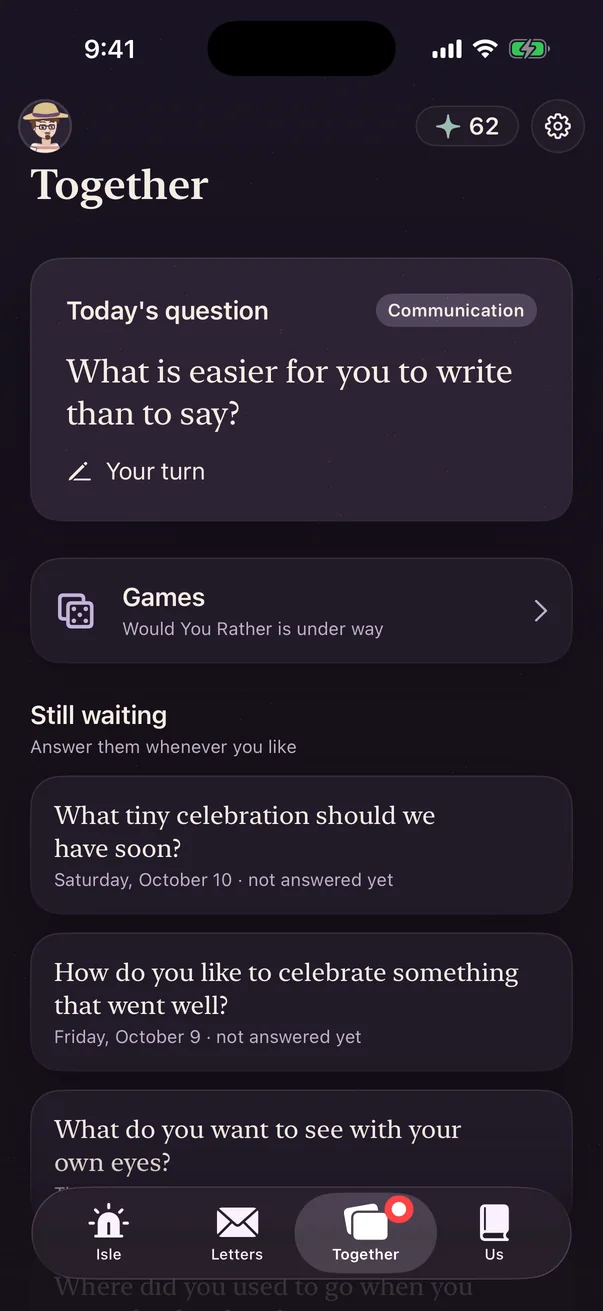 The Together screen, showing today's question and a Games card.